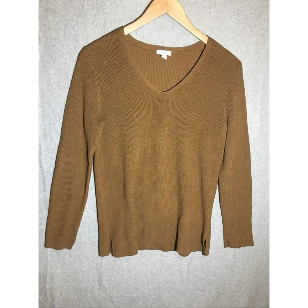 Womens J Jill V Neck Long Sleeve Shirt Sweater Brown Casual Closet Staple